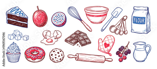 Various hand-drawn baking ingredients and kitchen tools are arranged neatly, showcasing a vibrant and detailed sketch art style