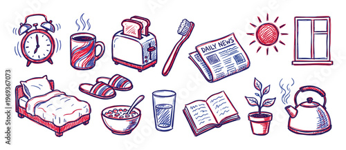 Collection of hand-drawn morning routine objects in red and blue sketch style, including an alarm clock, coffee, and breakfast items