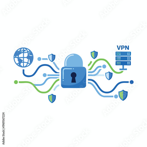 Global network security connection with VPN server and digital shields