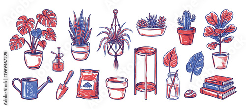 Collection of hand-drawn houseplant illustrations and gardening tools in a vibrant red and blue sketch style