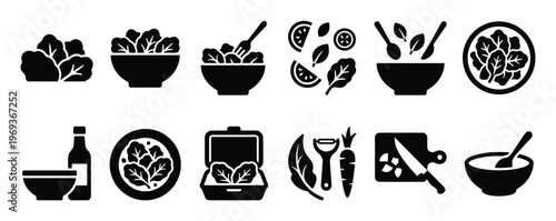 Collection of black silhouette icons depicting various aspects of salad preparation and healthy eating, presented in a clean, graphic style