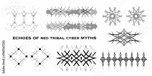 Abstract geometric patterns inspired by tribal art and futuristic cyber themes
