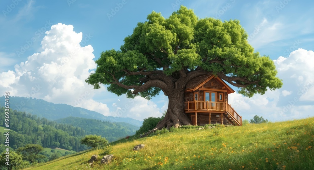 Fototapeta premium Vibrant photorealistic cartoon image of a tree house perched on a sunny hillside