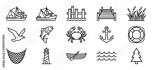 Collection of fifteen black outline nautical and marine icons, including boats, fish, crab, anchor, and lighthouse, presented in a clean, minimalist style