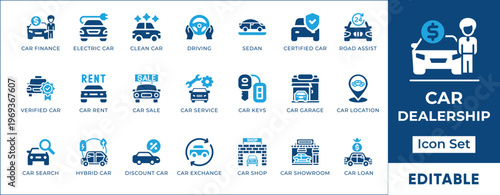 Car dealership and auto service vector icon set. Vehicle rental, automotive finance, showroom, repair and electric vehicle symbols 