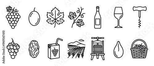 Collection of black outline icons depicting various elements related to grapes, wine, and vineyards, presented in a clean, minimalist style