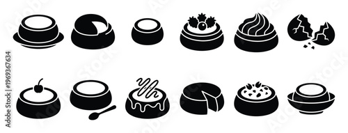 Collection of twelve black silhouette dessert icons, including puddings, cakes, and a broken egg, presented in a clean, graphic style