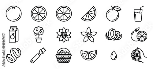 Collection of various simple black outline icons representing different aspects of oranges and citrus fruits