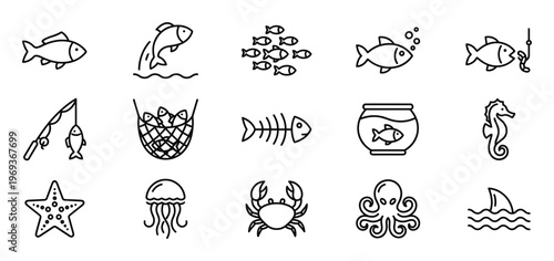 Collection of various simple black outline sea life icons, including fish, crab, octopus, and jellyfish