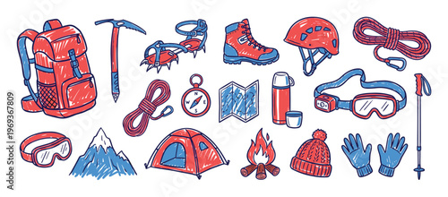 Collection of hand-drawn red and blue hiking and climbing equipment, including a backpack, ice axe, and tent, in a doodle style
