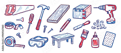 Vibrant collection of hand-drawn woodworking tools and materials in a playful, sketchy style with red and blue accents