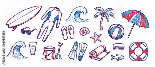 Collection of hand-drawn red and blue summer beach vacation items, including a surfboard, umbrella, and palm tree, in a playful doodle style