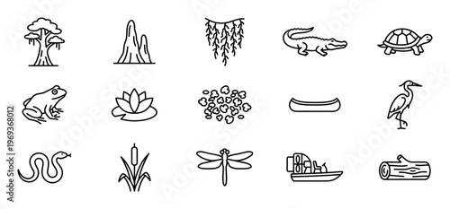 Collection of fifteen simple black outline icons representing various swamp and wetland elements, animals, and plants