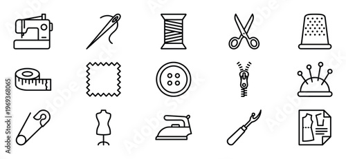 Collection of fifteen black outline icons representing various sewing and tailoring tools and accessories, presented clearly