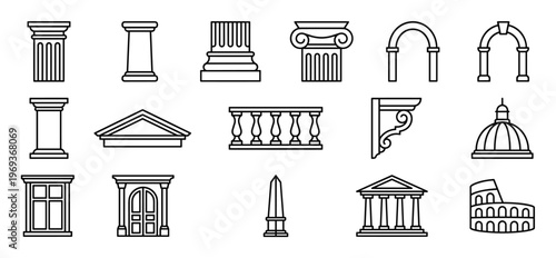 Collection of various architectural elements and ancient building icons in a clean outline style