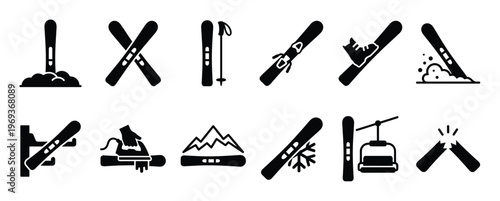 Collection of black silhouette ski and snowboard icons depicting various winter sports activities and equipment