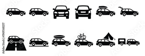 Collection of black silhouette car icons depicting various models and travel scenarios, presented in a clean, graphic style