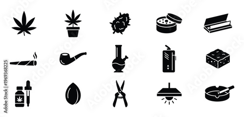 Collection of fifteen black cannabis-related icons, including a leaf, plant, bud, grinder, rolling papers, joint, pipe, bong, vape, edible, oil, seed, shears, grow light, and ashtray,