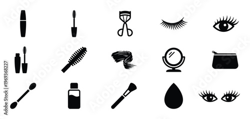 Collection of black silhouette makeup and beauty icons, including mascara, brushes, and eyes, arranged neatly