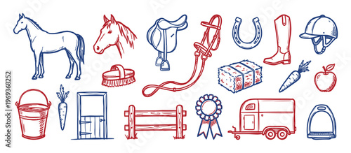 Various hand-drawn equestrian elements, including horses, riding gear, and stable items, are depicted in a charming sketch style