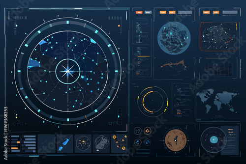 Futuristic radar interface displaying complex data visualizations and global mapping