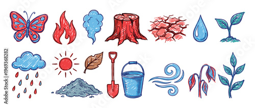 Collection of hand-drawn nature and environmental elements, including a butterfly, fire, smoke, tree stump, cracked earth, water drop, and plant sprout, rendered in a colorful sketch style