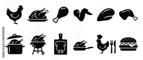 Collection of black silhouette chicken and poultry meat icons, including whole chicken, drumsticks, wings, and cooking methods