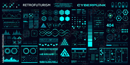 A vibrant detailed collection of retrofuturism and cyberpunk interface elements