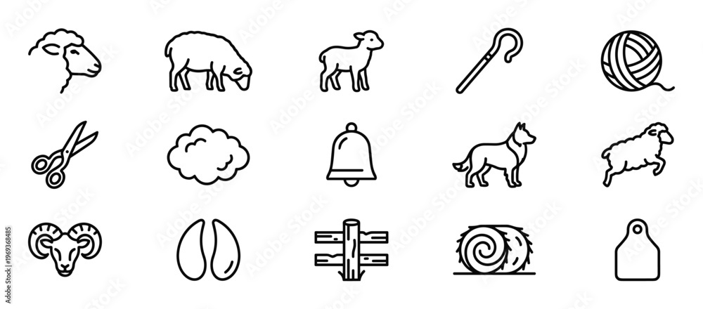 Fototapeta premium Collection of fifteen black outline icons related to sheep farming, including lambs, rams, wool, and shepherd tools, presented in a clean, graphic style