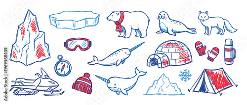 Collection of hand-drawn arctic elements including animals, ice formations, and winter gear, depicted in a playful doodle style