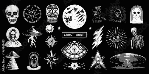 A collection of spooky vintage style occult and paranormal graphic elements