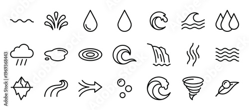 Comprehensive set of black outline water icons representing various forms and movements of water, including drops, waves, and rain