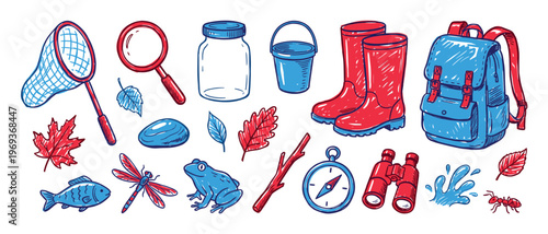Various hand-drawn nature exploration and outdoor adventure items are scattered across a white surface in a playful, colorful doodle style