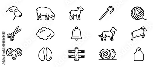 Collection of fifteen black outline icons related to sheep farming, including lambs, rams, wool, and shepherd tools, presented in a clean, graphic style