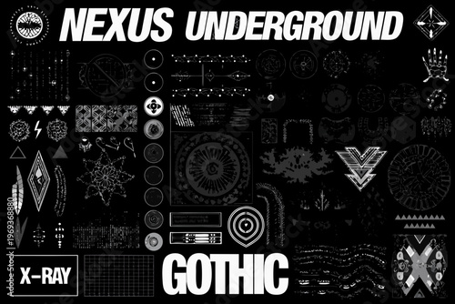 Complex geometric patterns and symbols arranged in a dark gothic aesthetic