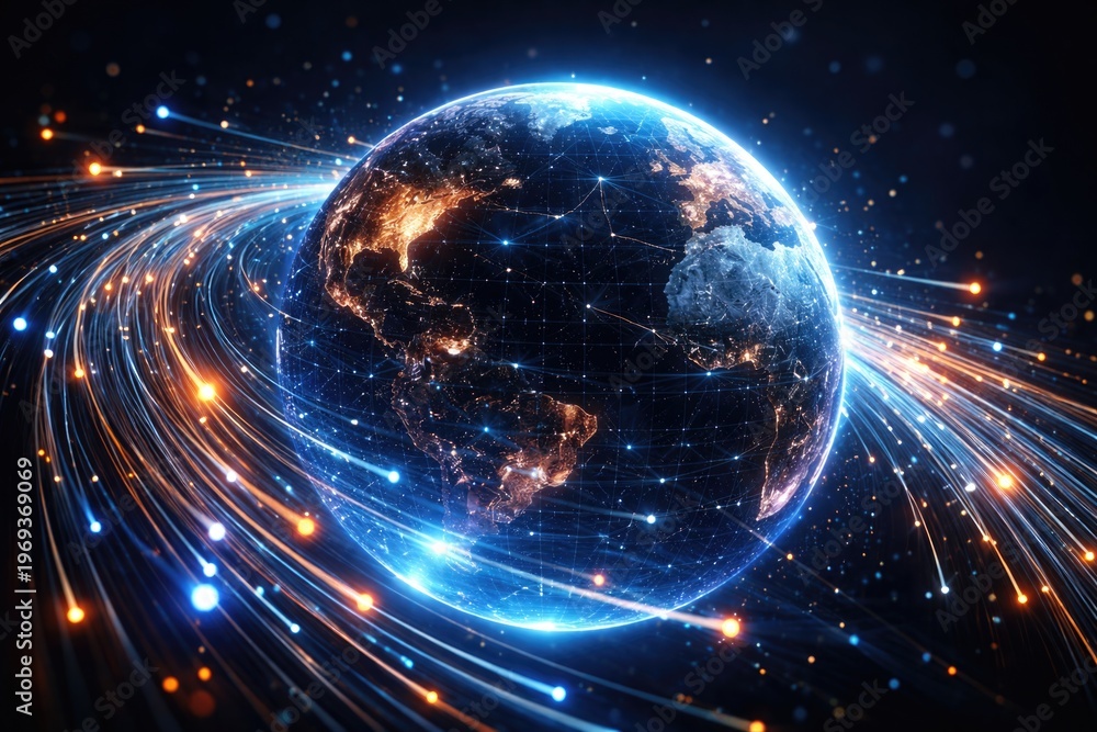 Obraz premium Digital globe surrounded by rapid optical fiber lights on a dark backdrop