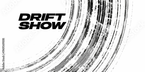 Drift show graphic with tire track marks on a white background