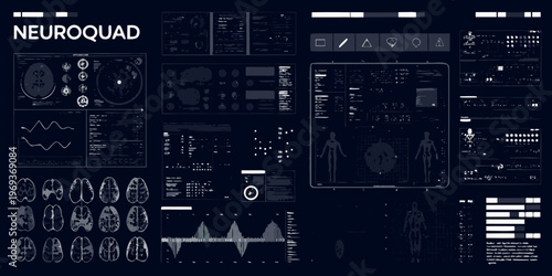 Futuristic neurological interface displaying brain scans and vital signs data