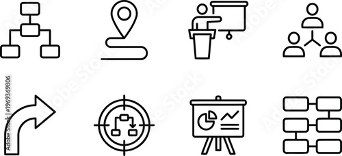 Outline business and management icons set with flowchart, location path, presentation, teamwork, arrow, target, and data analysis
