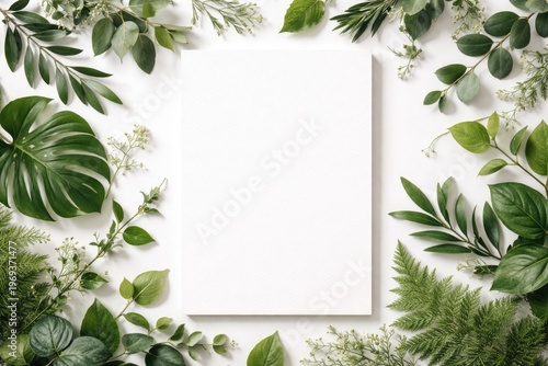 White paper rectangle with terrestrial plant elements surrounding on white background