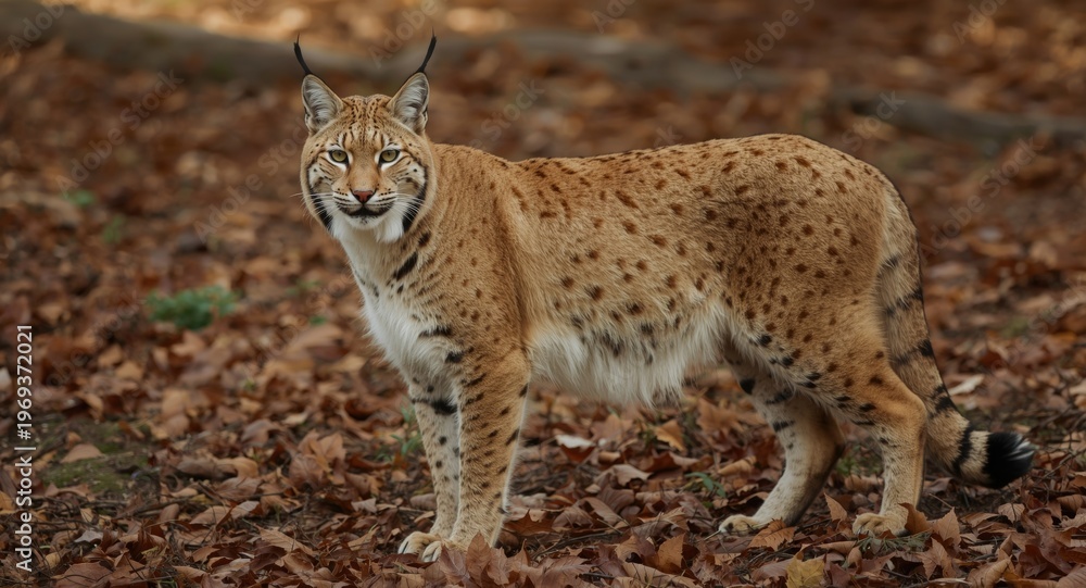 Fototapeta premium Wild Iberian Lynx Standing Proudly on Warm Leafy Ground