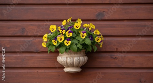 Yellow and purple vibrant viola cornuta flowers in decorative pot on balcony wooden wall with copy space