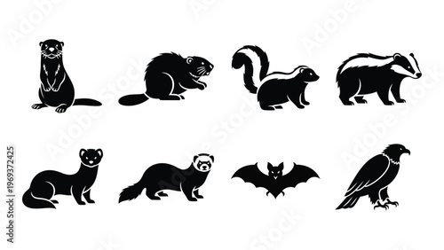 A collection of various north american mammals and a bird of prey shown in black silhouettes high quality professional detailed modern
