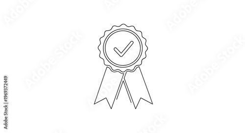 Line art of a winner's ribbon with check mark and medal with graphic element is ideal for