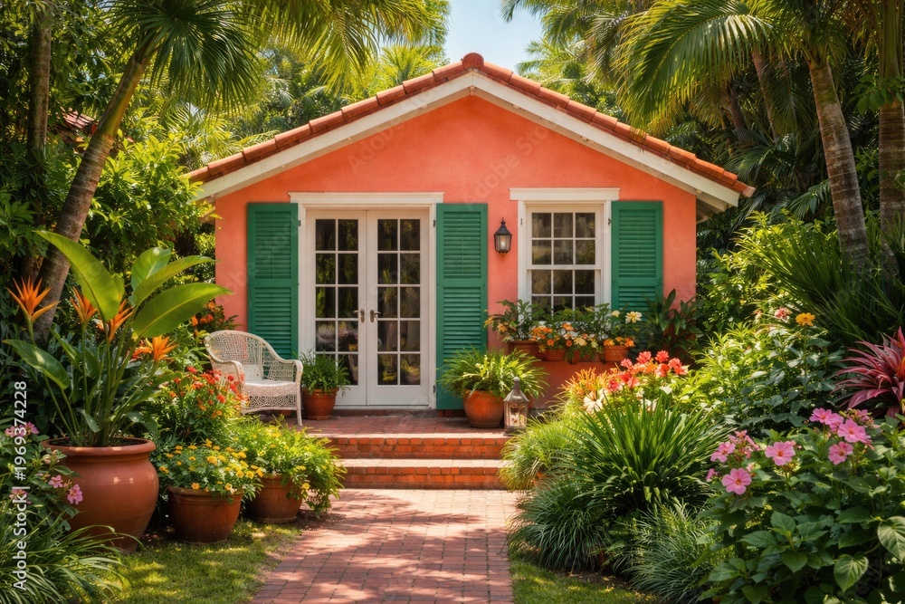 Fototapeta premium Charming small coral house with green shutters and lush tropical plants in peaceful garden