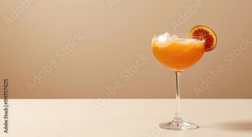 Vibrant honey infused peach and fig Bellini cocktail served on a bright neutral background featuring copy space