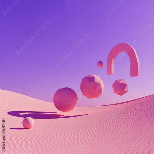 Dreamlike fantasy background showing a curved horizon of pink sand and colossal geometric objects hovering in the vibrant purple air, purple, pink, structure
