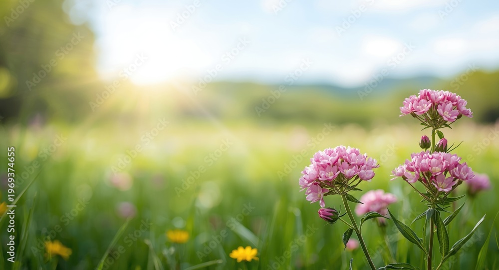 Obraz premium Cheerful summer banner of pink clover flowers in full bloom on a bright nature background and text area