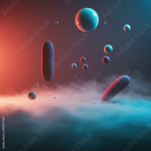 Floating vibrant forms drift through hazy atmospheric light, creating a mysterious and surreal vision of subconscious thought, conceptual, surreal, ethereal