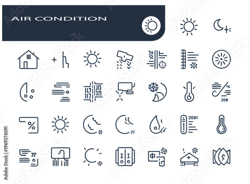 Air conditioning icons showing temperature, weather, and climate control elements.